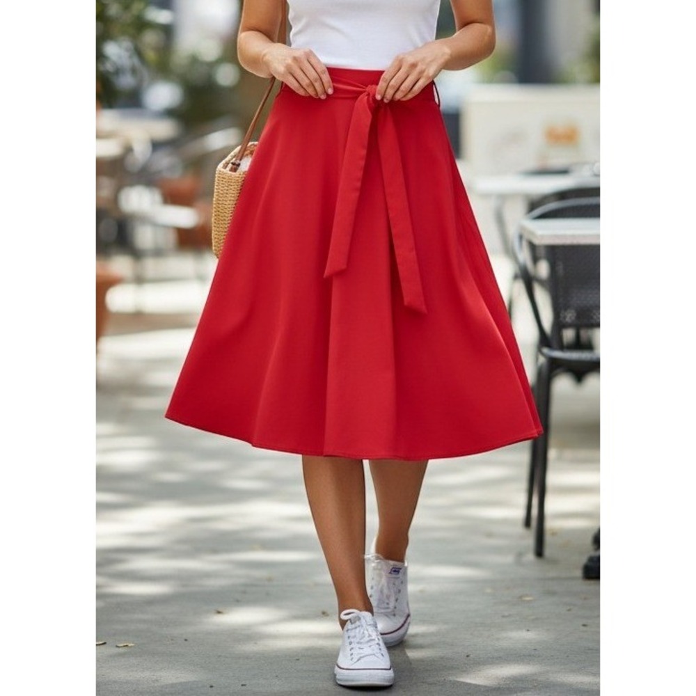 Belle Poque Red High‎ Waisted A-Line Midi Skirt with Tie Belt Size L NWT